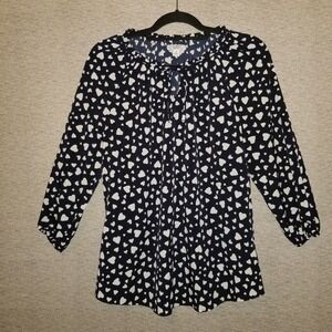 Croft & Barrow‎ Tie-Neck Blouse Navy Blue Hearts Keyhole Neck Women's Medium